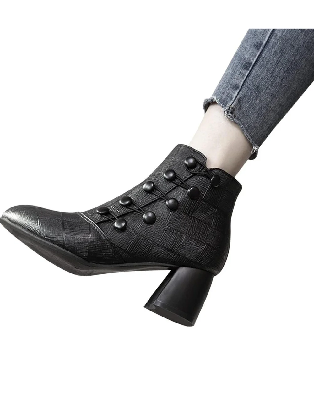 Black Women's Textured Button-Accent Ankle Boot